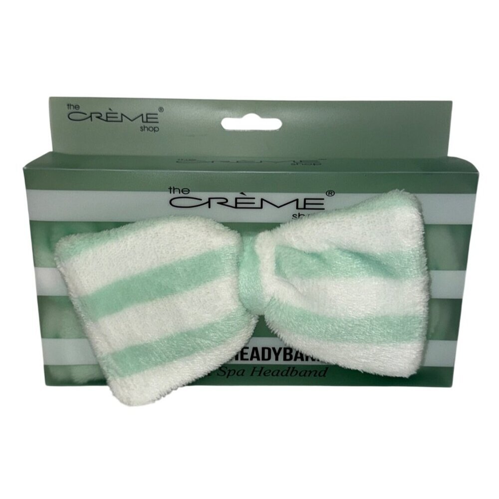 The Creme Shop Teddy Headband Headyband Green White Stripe Spa Bow NEW